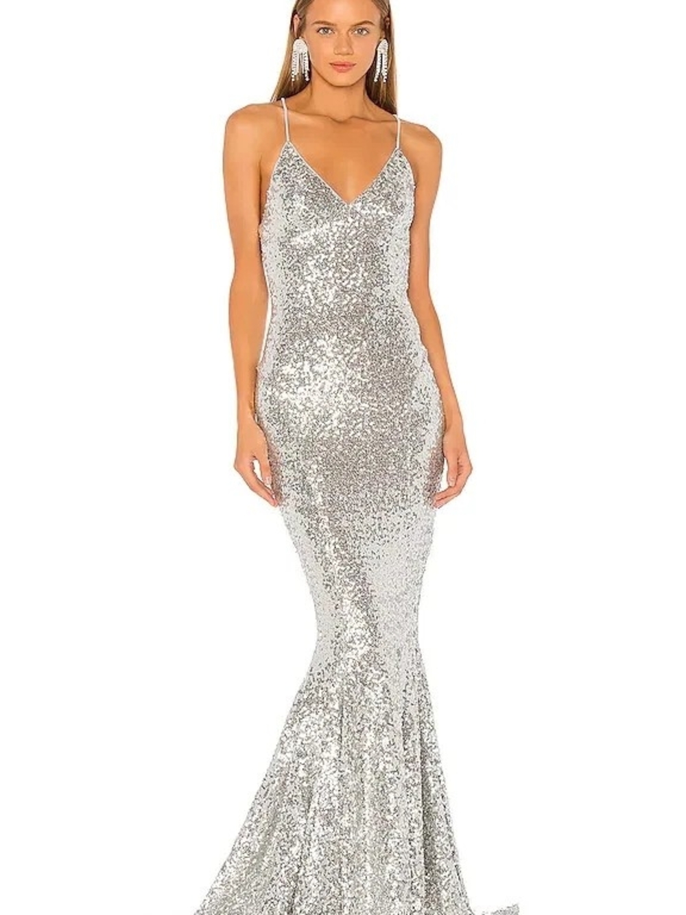 NWT NORMA KAMALI Women's Silver Sequin Lowback Mermaid Fishtail Gown S/36